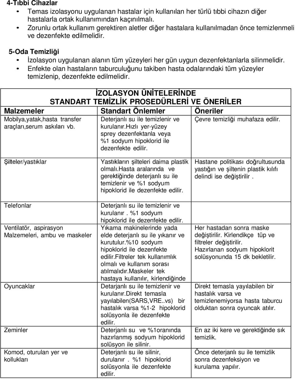 5- Oda Temizliği İzolasyon uygulanan alanın tüm yüzeyleri her gün uygun dezenfektanlarla silinmelidir.