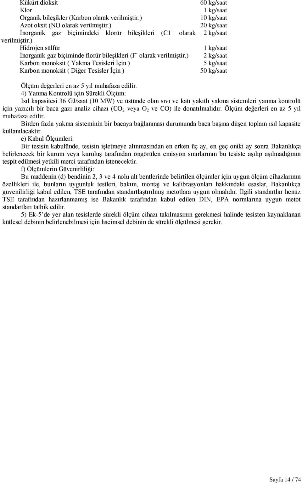 ) Karbon monoksit ( Yakma Tesisleri Ġçin ) Karbon monoksit ( Diğer Tesisler Ġçin ) 60 kg/saat 1 kg/saat 10 kg/saat 20 kg/saat 2 kg/saat 1 kg/saat 2 kg/saat 5 kg/saat 50 kg/saat Ölçüm değerleri en az