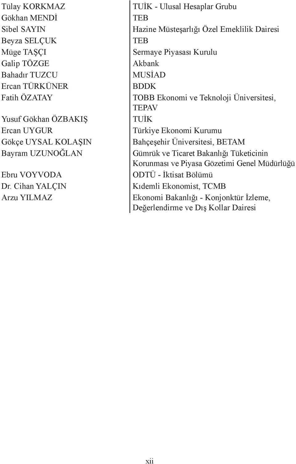 Cihan YALÇIN Arzu YILMAZ TUİK - Ulusal Hesaplar Grubu TEB Hazine Müsteşarlığı Özel Emeklilik Dairesi TEB Sermaye Piyasası Kurulu Akbank MUSİAD BDDK TOBB Ekonomi ve
