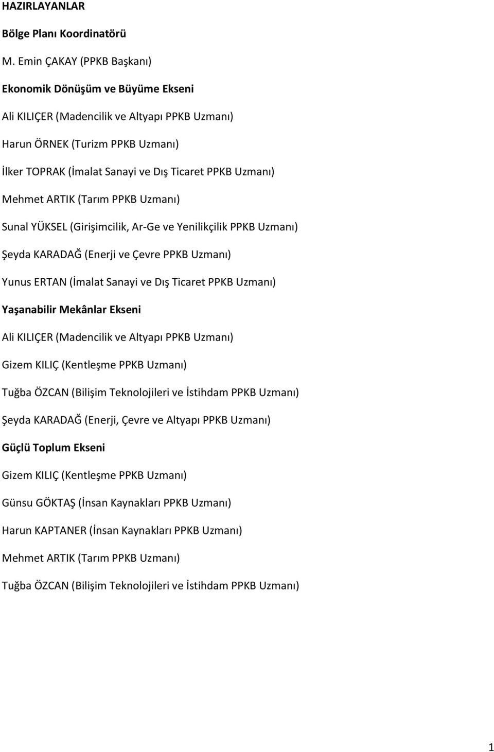 Mehmet ARTIK (Tarım PPKB Uzmanı) Sunal YÜKSEL (Girişimcilik, Ar-Ge ve Yenilikçilik PPKB Uzmanı) Şeyda KARADAĞ (Enerji ve Çevre PPKB Uzmanı) Yunus ERTAN (İmalat Sanayi ve Dış Ticaret PPKB Uzmanı)