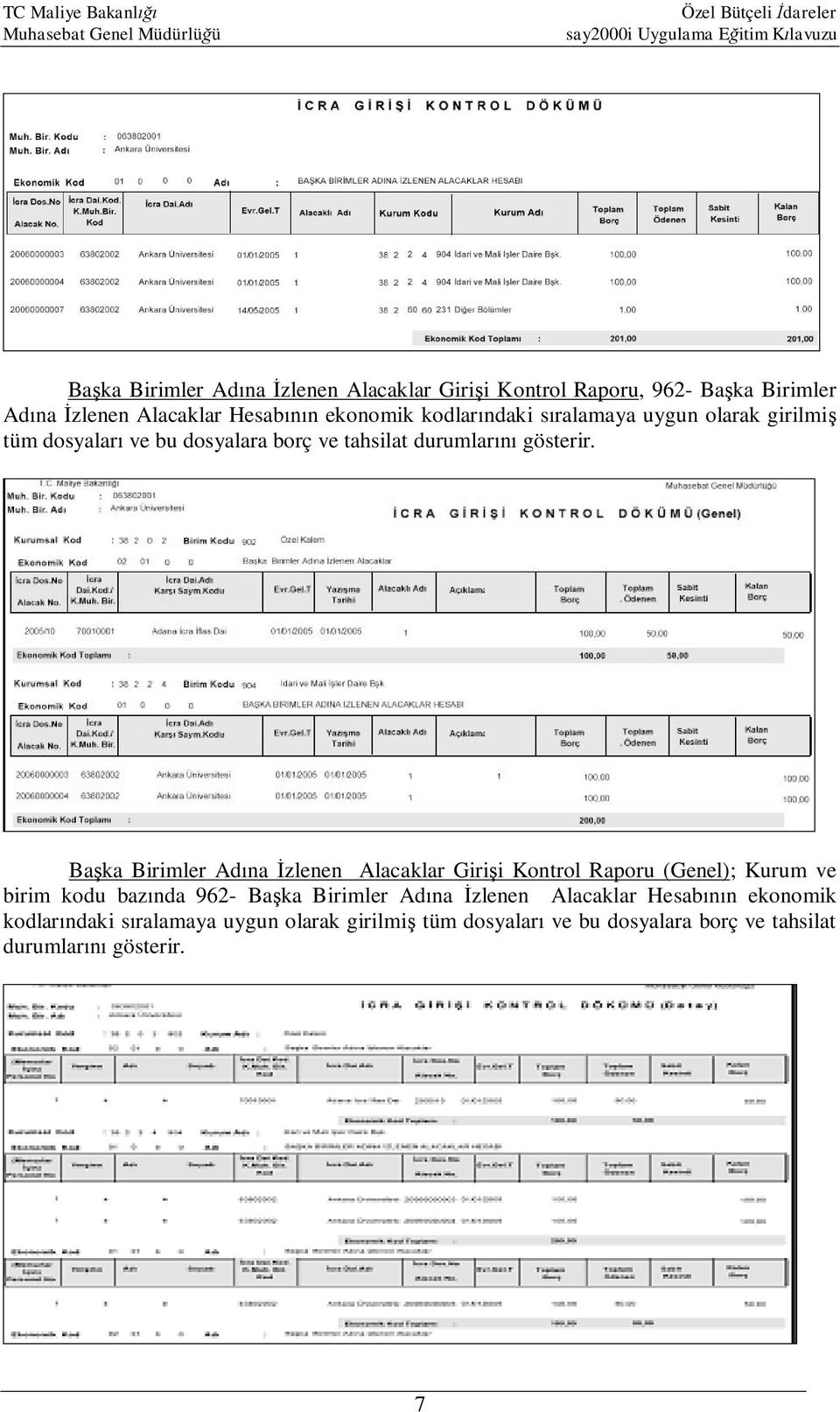 Başka Birimler Adına İzlenen Alacaklar Girişi Kontrol Raporu (Genel); Kurum ve birim kodu bazında 962- Başka Birimler Adına