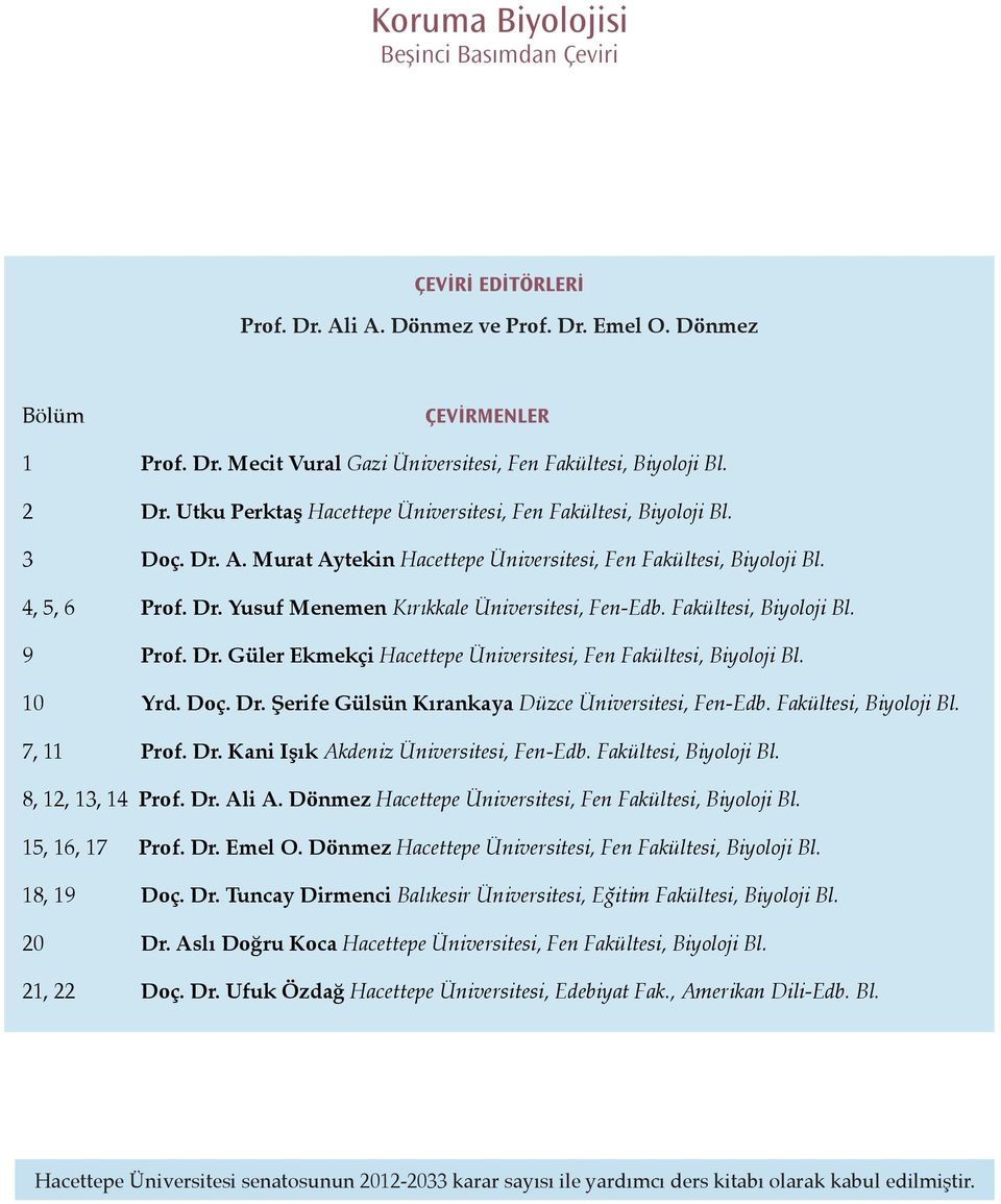 Fakültesi, Biyoloji Bl. 9 Prof. Dr. Güler Ekmekçi Hacettepe Üniversitesi, Fen Fakültesi, Biyoloji Bl. 10 Yrd. Doç. Dr. Şerife Gülsün Kırankaya Düzce Üniversitesi, Fen-Edb. Fakültesi, Biyoloji Bl. 7, 11 Prof.