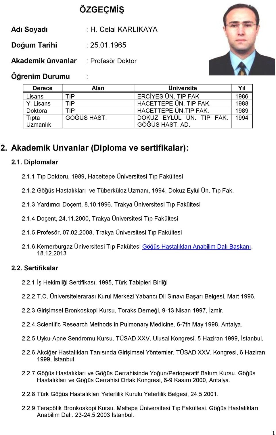 Akademik Unvanlar (Diploma ve sertifikalar): 2.1. Diplomalar 2.1.1. Tıp Doktoru, 1989, Hacettepe Üniversitesi Tıp Fakültesi 2.1.2. Göğüs Hastalıkları ve Tüberküloz Uzmanı, 1994, Dokuz Eylül Ün.