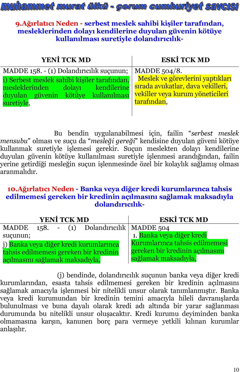 Meslek ve görevlerini yaptıkları sırada avukatlar, dava vekilleri, vekiller veya kurum yöneticileri tarafından, Bu bendin uygulanabilmesi için, failin serbest meslek mensubu olması ve suçu da mesleği