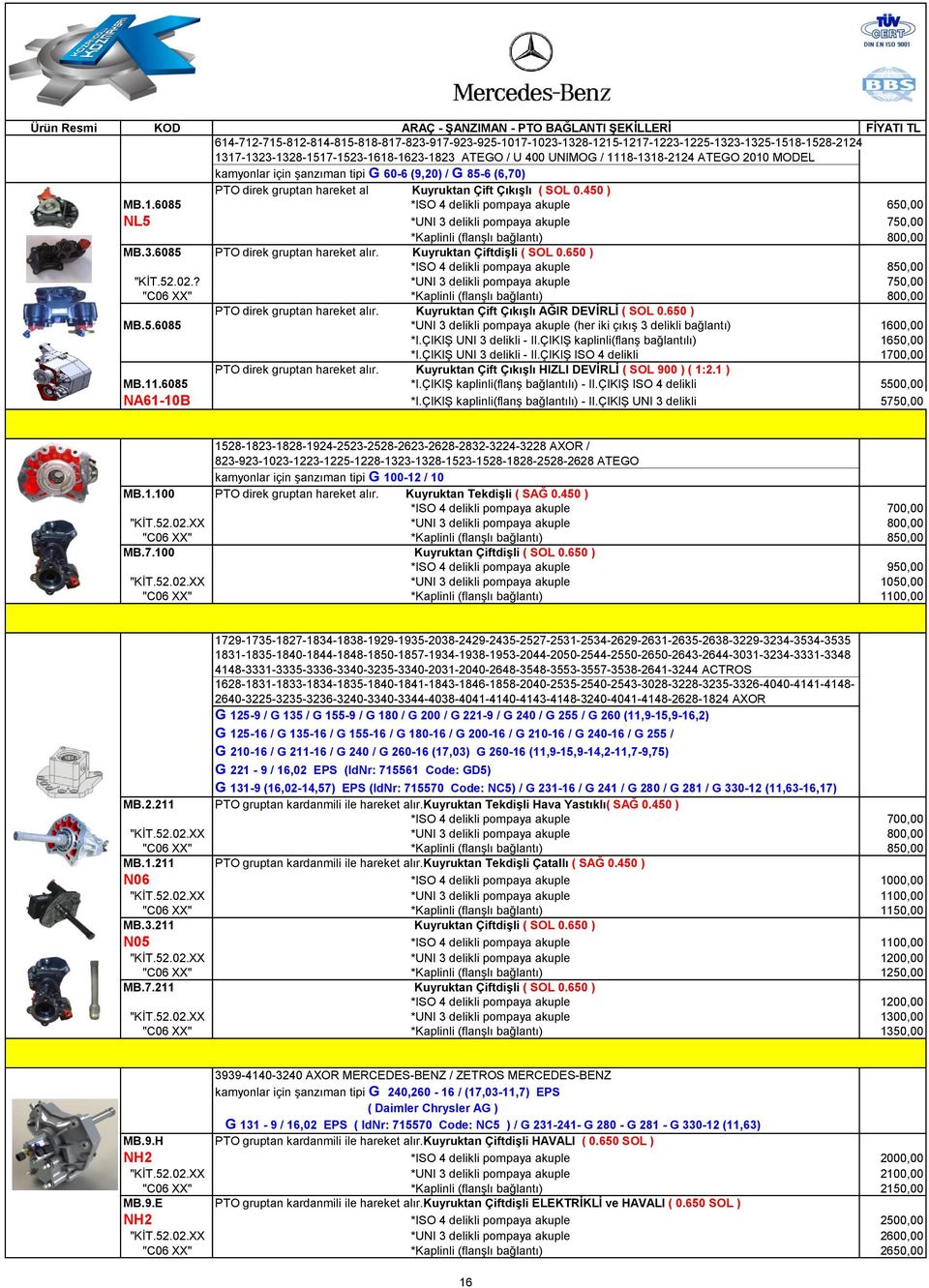 6085 *ISO 4 delikli pompaya akuple 650,00 NL5 *UNI 3 delikli pompaya akuple 750,00 *Kaplinli (flanģlı bağlantı) 800,00 MB.3.6085 PTO direk gruptan hareket alır. Kuyruktan Çiftdişli ( SOL 0.