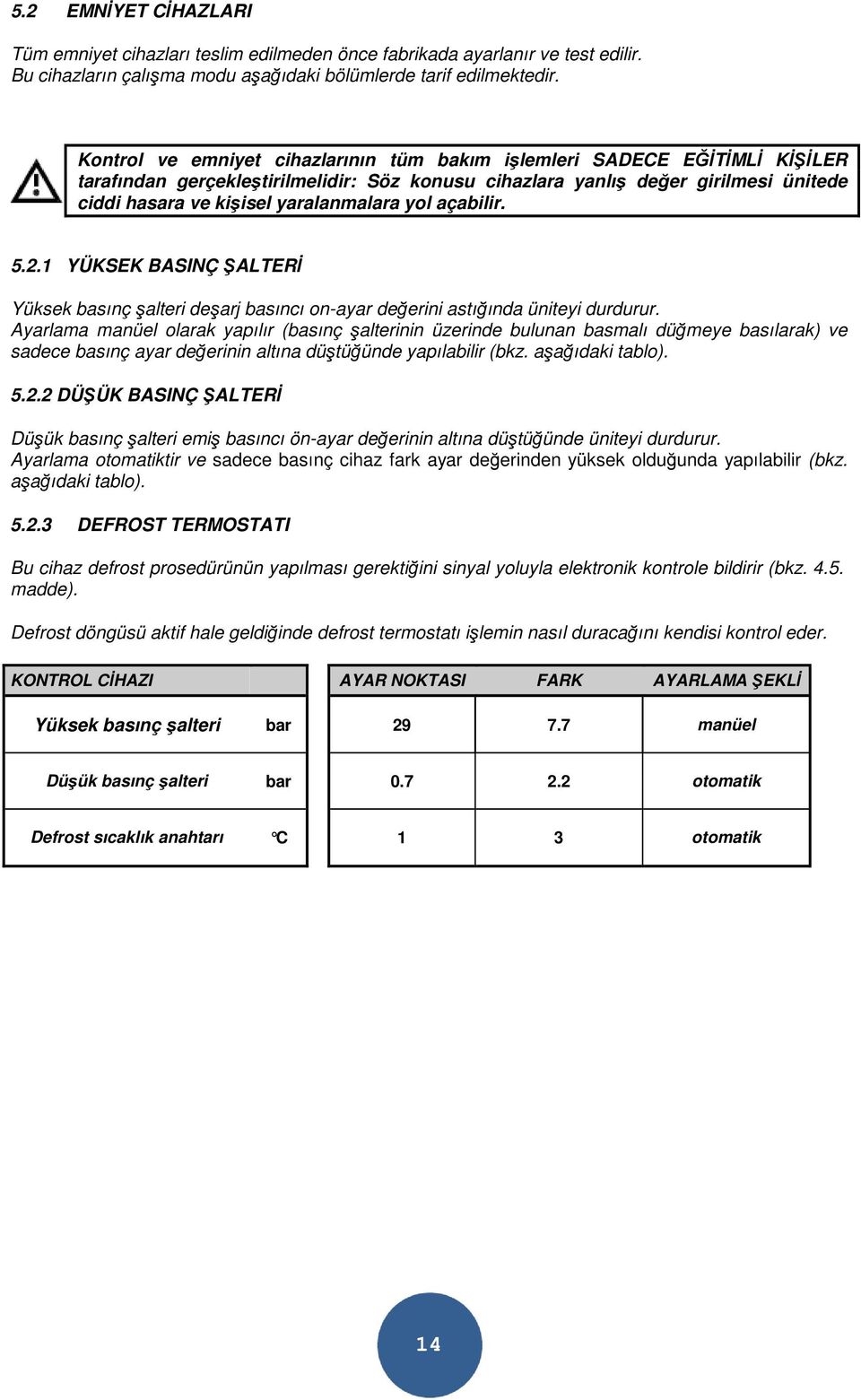 yol açabilir. 5.2.1 YÜKSEK BASINÇ ŞALTERİ Yüksek basınç şalteri deşarj basıncı on-ayar değerini astığında üniteyi durdurur.