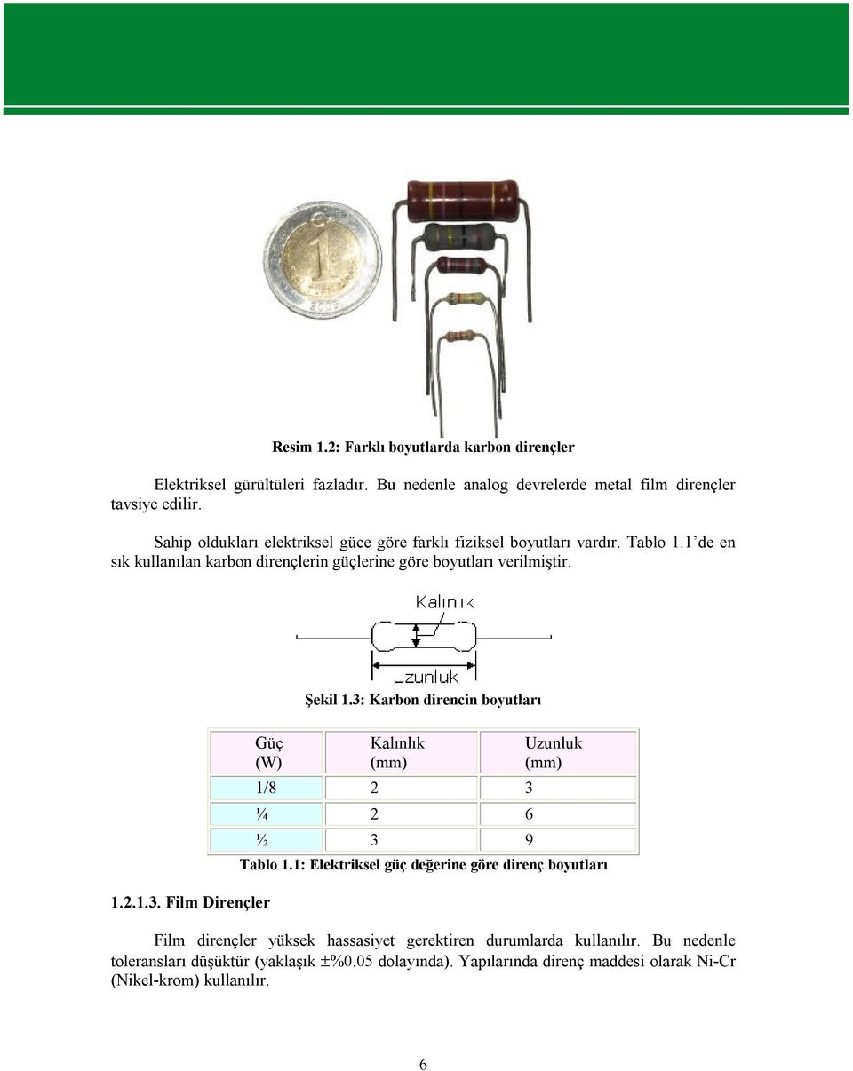 Güç (W) 1.2.1.3. Film Dirençler Şekil 1.3: Karbon direncin boyutları Kalınlık (mm) 1/8 2 3 ¼ 2 6 ½ 3 9 Uzunluk (mm) Tablo 1.