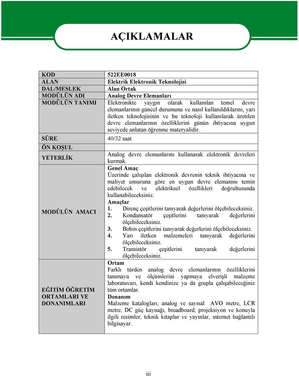 materyalidir. SÜRE ÖN KOŞUL YETERLİK MODÜLÜN AMACI EĞİTİM ÖĞRETİM ORTAMLARI VE DONANIMLARI AÇIKLAMALAR 40/32 saat Analog devre elemanlarını kullanarak elektronik devreleri kurmak.