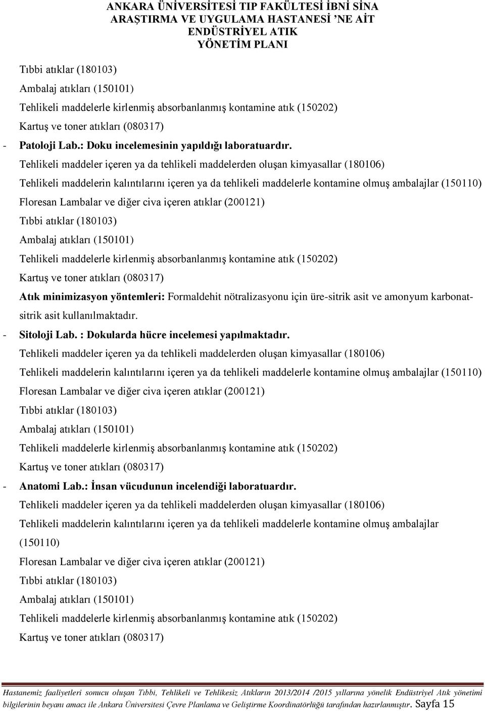 - Sitoloji Lab. : Dokularda hücre incelemesi yapılmaktadır. Tehlikeli maddelerle kirlenmiş absorbanlanmış kontamine atık (150202) - Anatomi Lab.: İnsan vücudunun incelendiği laboratuardır.