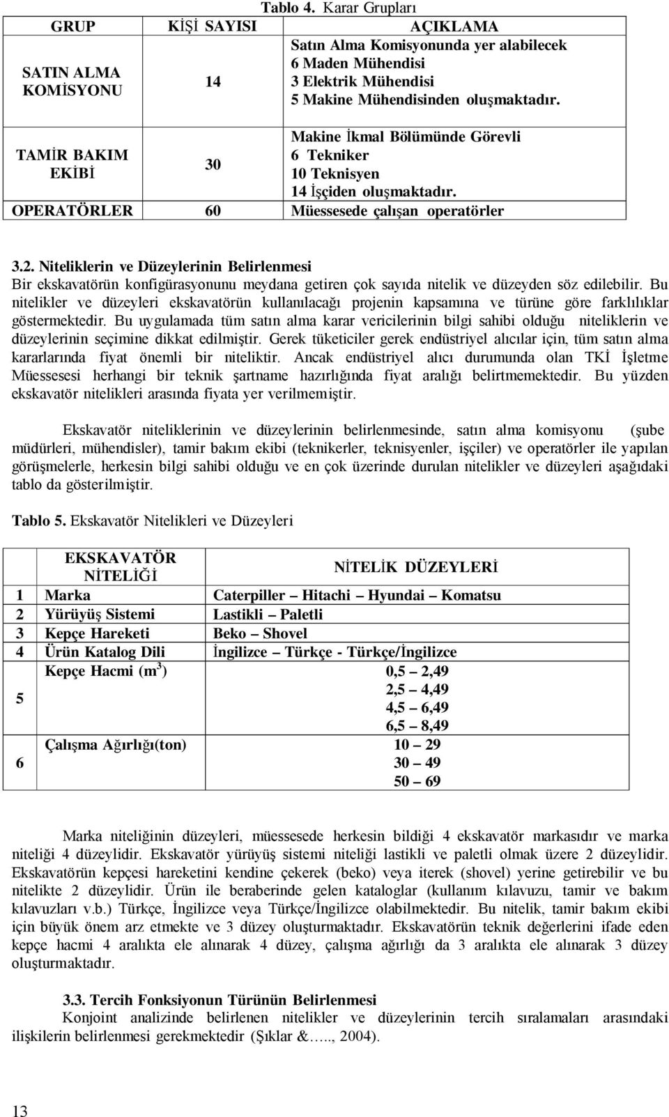 Niteliklerin ve Düzeylerinin Belirlenmesi Bir ekskavatörün konfigürasyonunu meydana getiren çok sayıda nitelik ve düzeyden söz edilebilir.