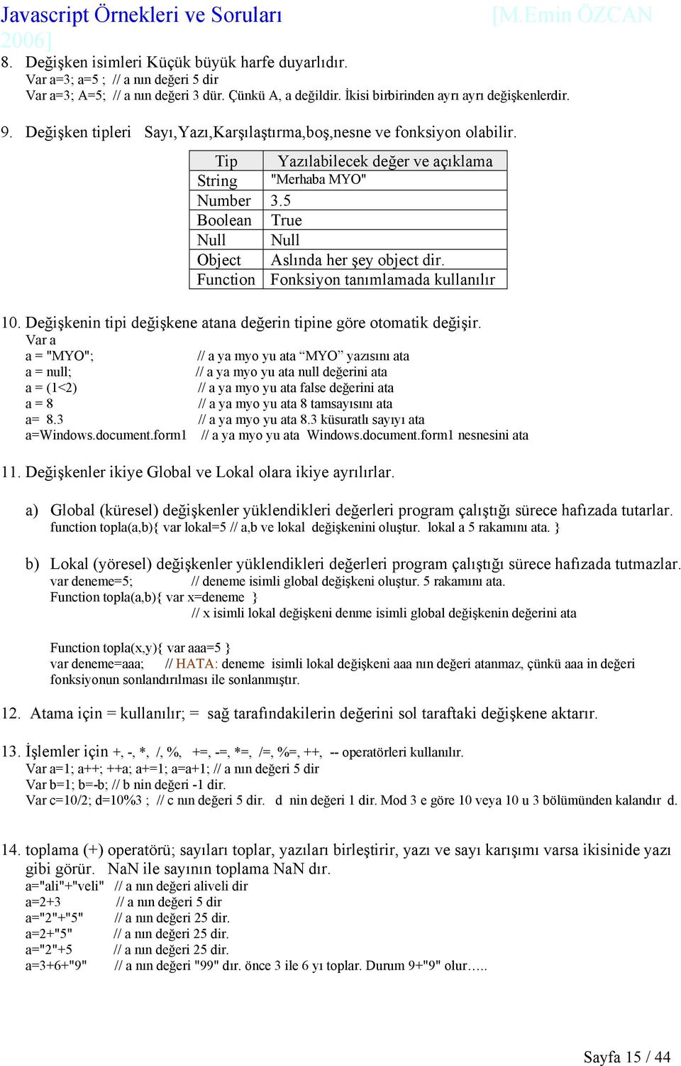 Function Fonksiyon tanımlamada kullanılır 10. Değişkenin tipi değişkene atana değerin tipine göre otomatik değişir.