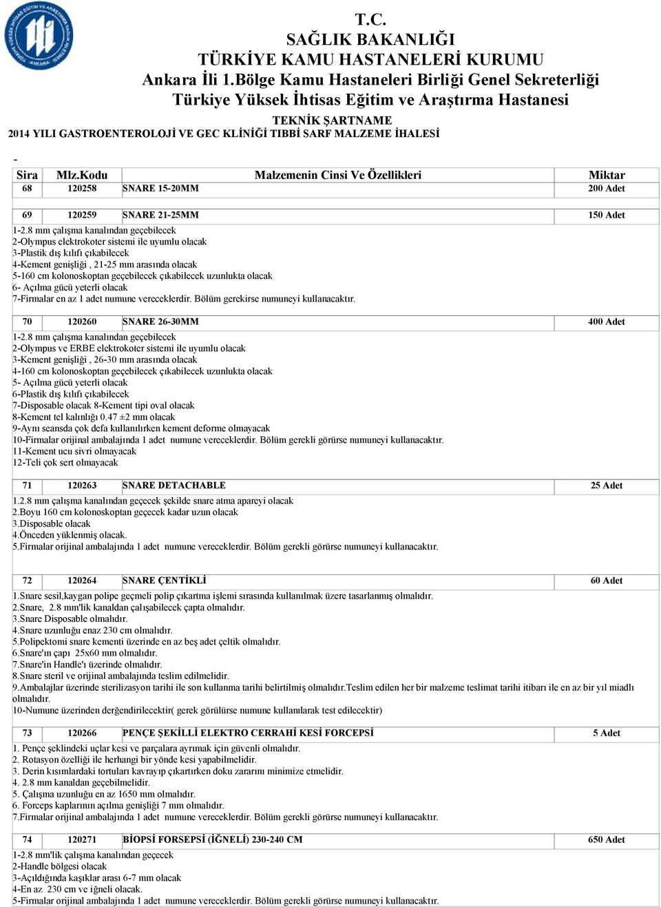 çıkabilecek uzunlukta olacak 6 Açılma gücü yeterli olacak 7Firmalar en az 1 adet numune vereceklerdir. Bölüm gerekirse numuneyi kullanacaktır. 120260 SNARE 2630MM 12.