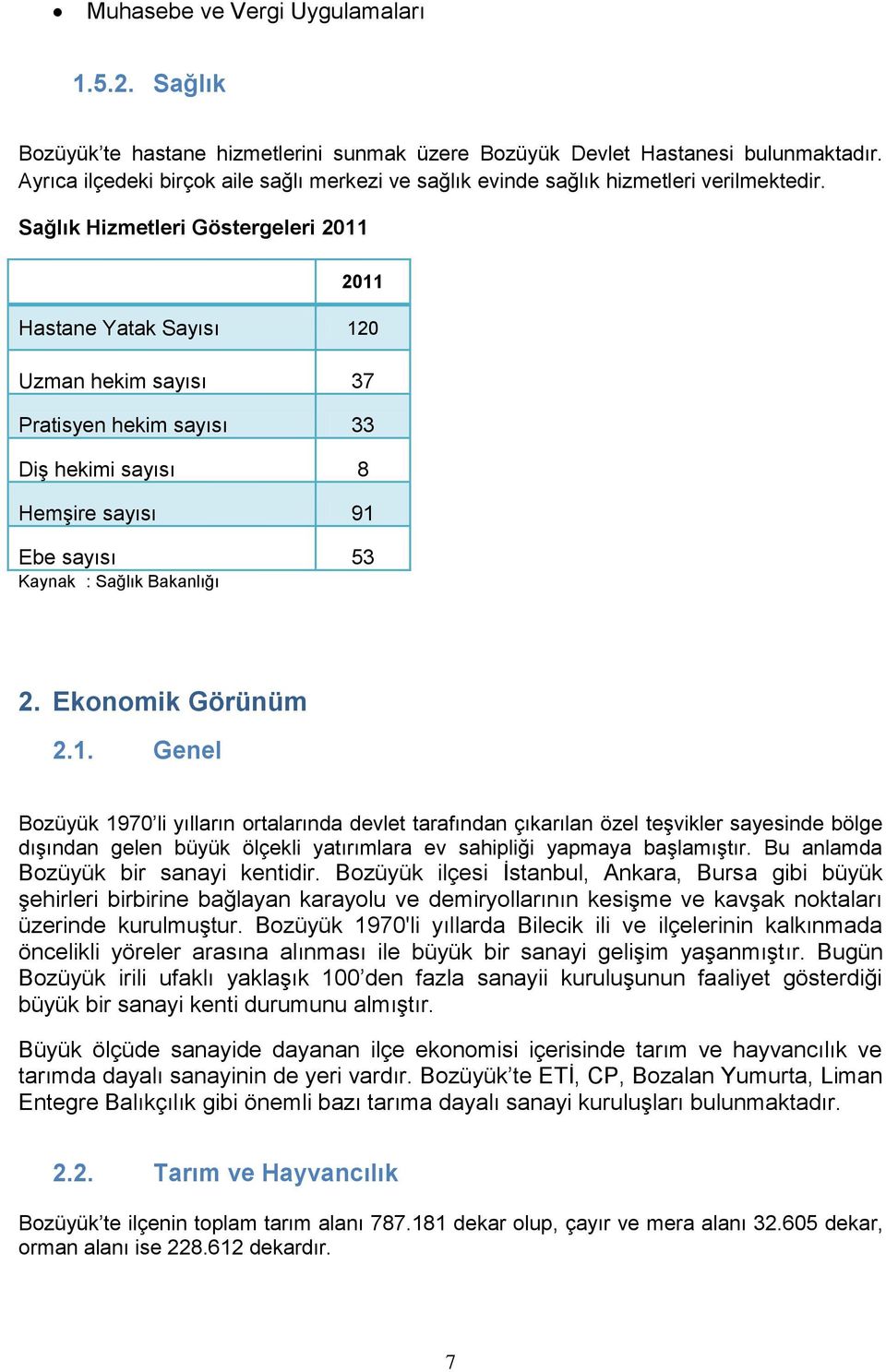 Sağlık Hizmetleri Göstergeleri 2011 2011 Hastane Yatak Sayısı 120 Uzman hekim sayısı 37 Pratisyen hekim sayısı 33 Diş hekimi sayısı 8 Hemşire sayısı 91 Ebe sayısı 53 Kaynak : Sağlık Bakanlığı 2.