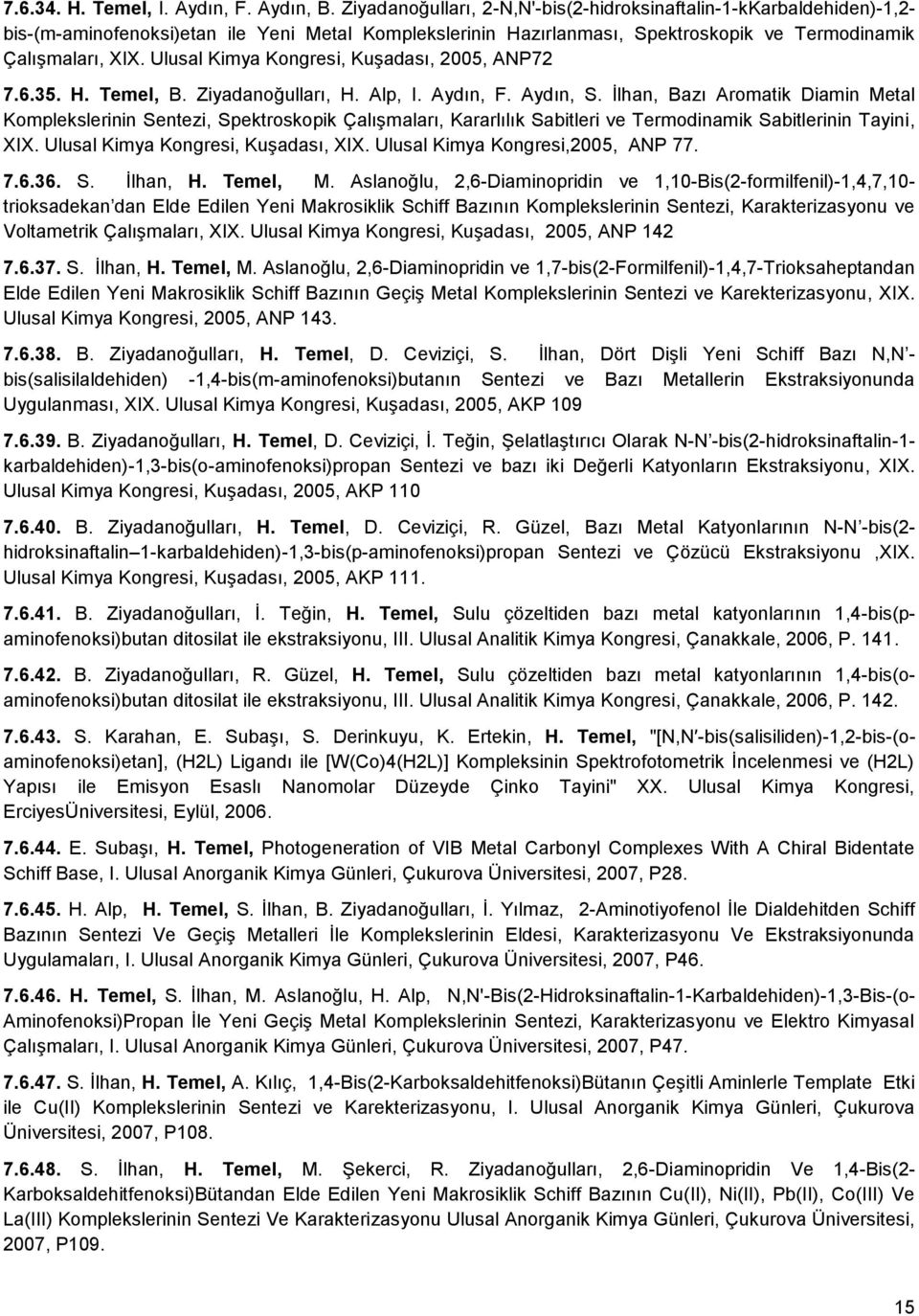 Ulusal Kimya Kongresi, Kuşadası, 2005, ANP72 7.6.35. H. Temel, B. Ziyadanoğulları, H. Alp, I. Aydın, F. Aydın, S.