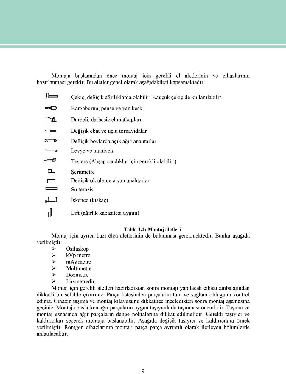 Kargaburnu, pense ve yan keski Darbeli, darbesiz el matkapları Değişik ebat ve uçlu tornavidalar Değişik boylarda açık ağız anahtarlar Levye ve manivela Testere (Ahşap sandıklar için gerekli olabilir.