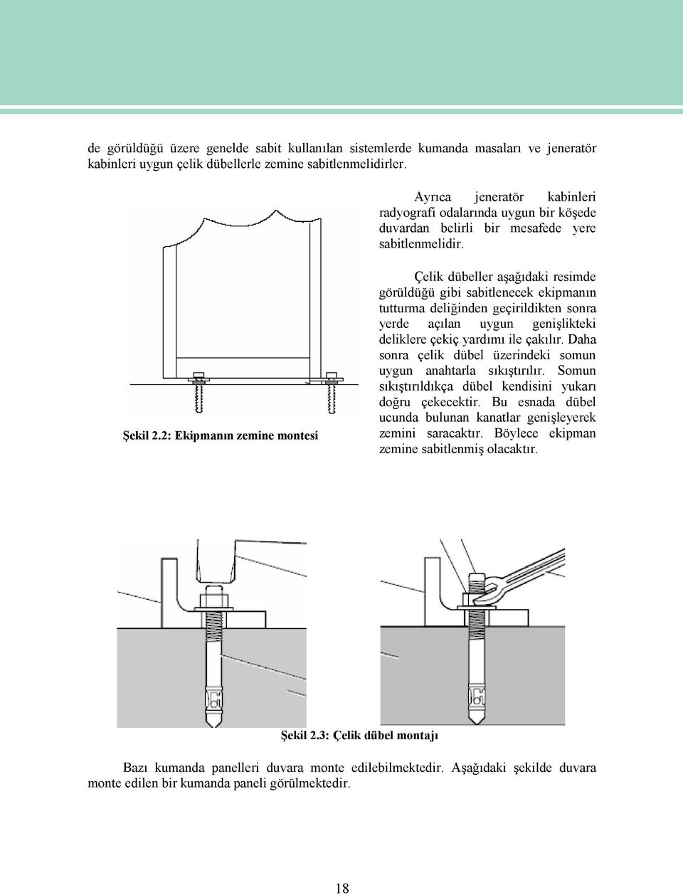 2: Ekipmanın zemine montesi Çelik dübeller aşağıdaki resimde görüldüğü gibi sabitlenecek ekipmanın tutturma deliğinden geçirildikten sonra yerde açılan uygun genişlikteki deliklere çekiç yardımı ile