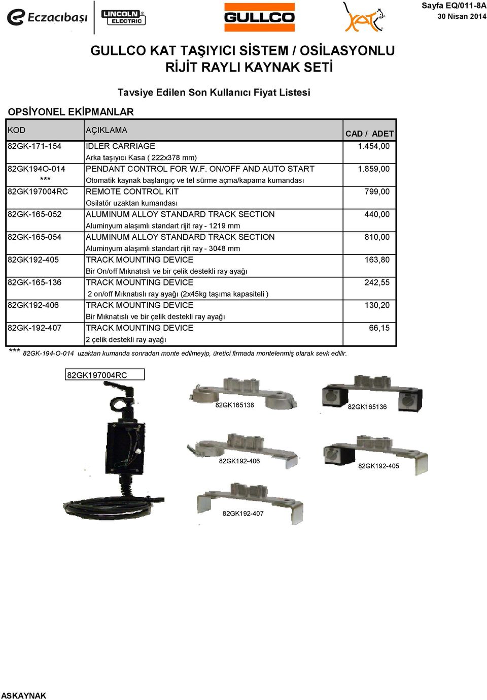 859,00 *** Otomatik kaynak başlangıç ve tel sürme açma/kapama kumandası 82GK197004RC REMOTE CONTROL KIT 799,00 Osilatör uzaktan kumandası 82GK-165-052 ALUMINUM ALLOY STANDARD TRACK SECTION 440,00