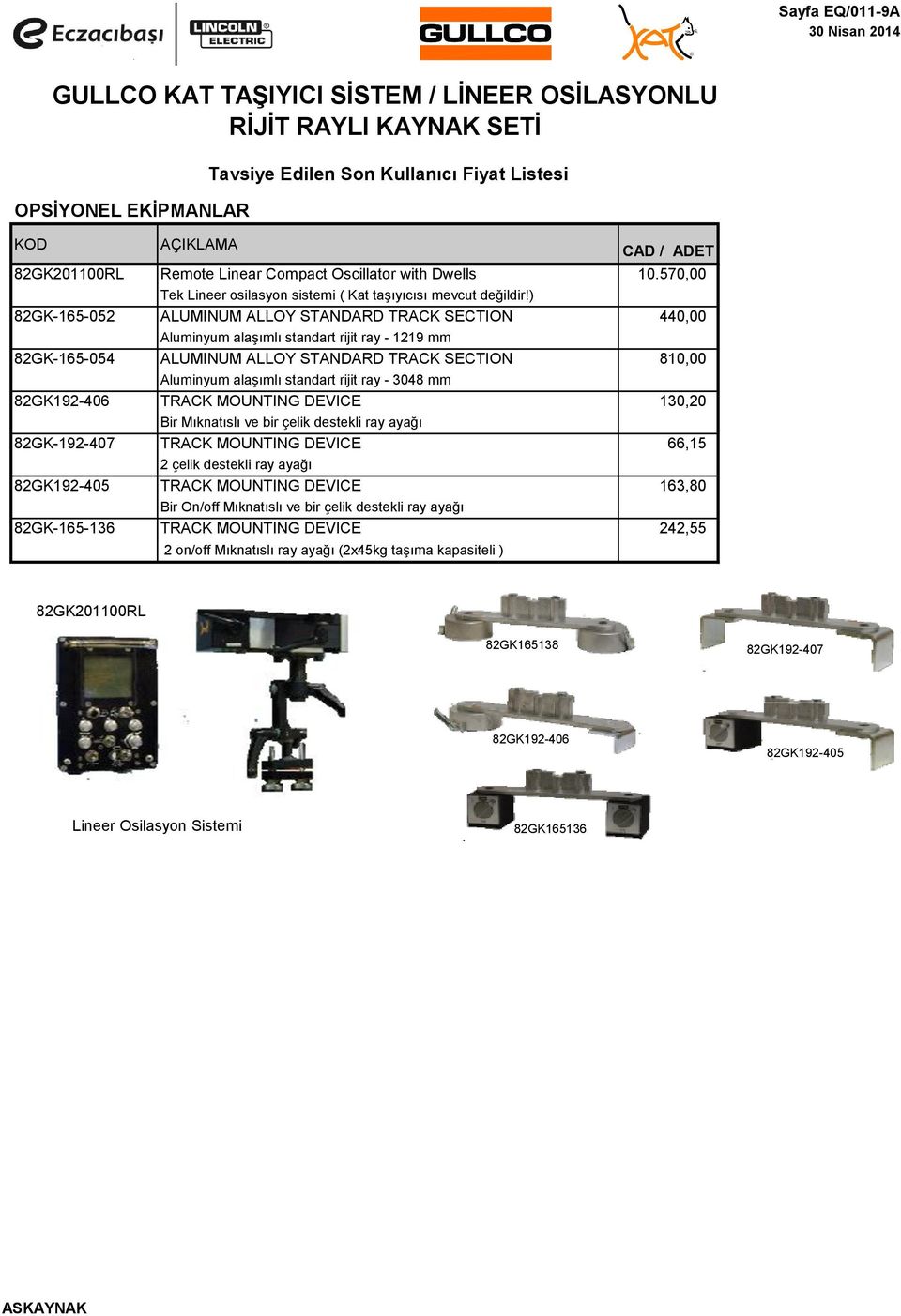 ) 82GK-165-052 ALUMINUM ALLOY STANDARD TRACK SECTION 440,00 Aluminyum alaşımlı standart rijit ray - 1219 mm 82GK-165-054 ALUMINUM ALLOY STANDARD TRACK SECTION 810,00 Aluminyum alaşımlı standart rijit