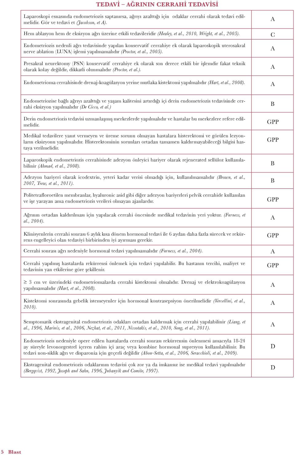 Endometriozis nedenli ağrı tedavisinde yapılan konservatif cerrahiye ek olarak laparoskopik uterosakral nerve ablation (LUN) işlemi yapılmamalıdır (Proctor, et al., 2005).