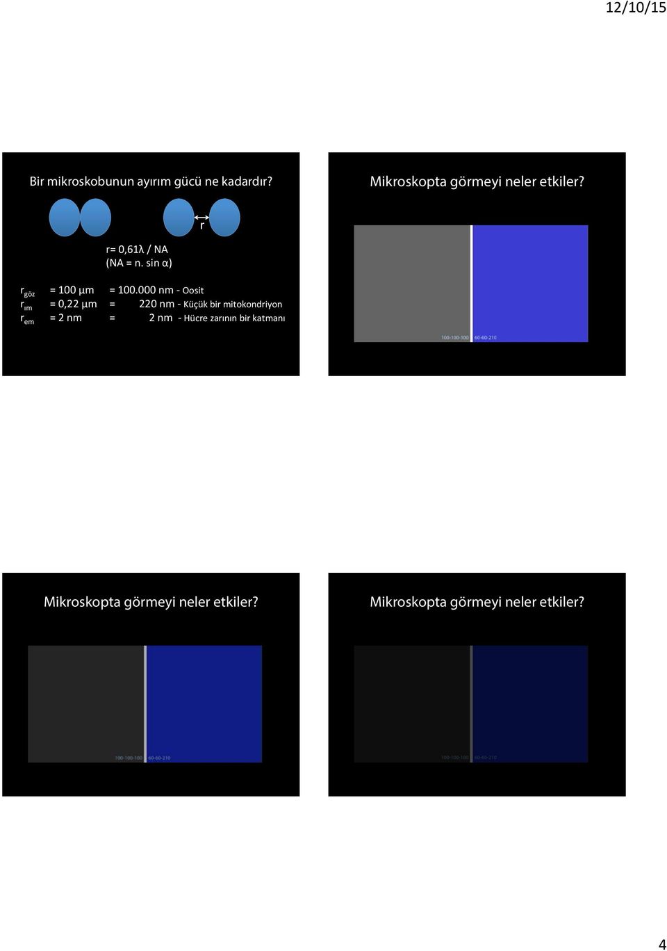 000 nm - Oosit r ım = 0,22 µm = 220 nm - Küçük bir mitokondriyon r em = 2 nm =