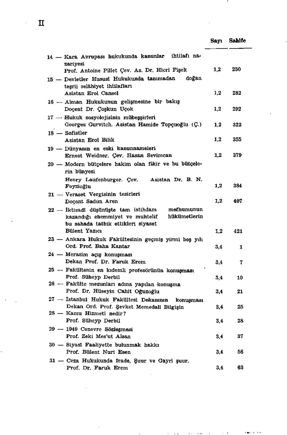 Coşkun Uçok 292 17 Hukuk sosyolojisinin mübeşşirleri Georges Gurvitch. Asistan Hamide Topçuoğlu (Ç.) 322 18 Sofistler Asistan Erol Bilik 355 19 Dünyanın en eski kanunnameleri Ernest Weidner. Çev.