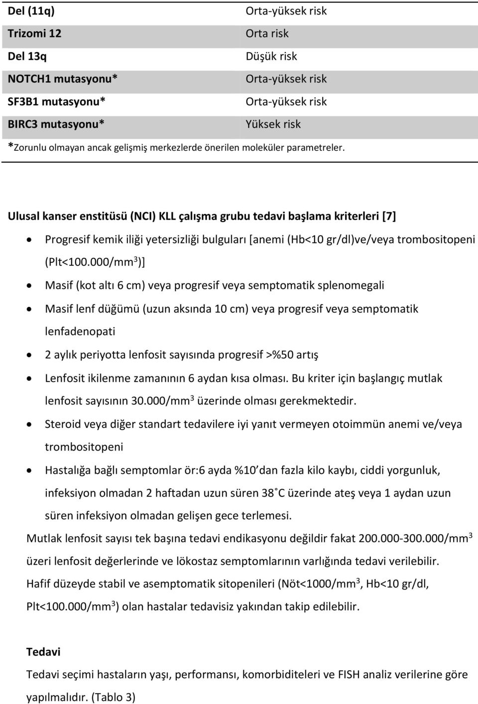 Ulusal kanser enstitüsü (NCI) KLL çalışma grubu tedavi başlama kriterleri [7] Progresif kemik iliği yetersizliği bulguları [anemi (Hb<10 gr/dl)ve/veya trombositopeni (Plt<100.