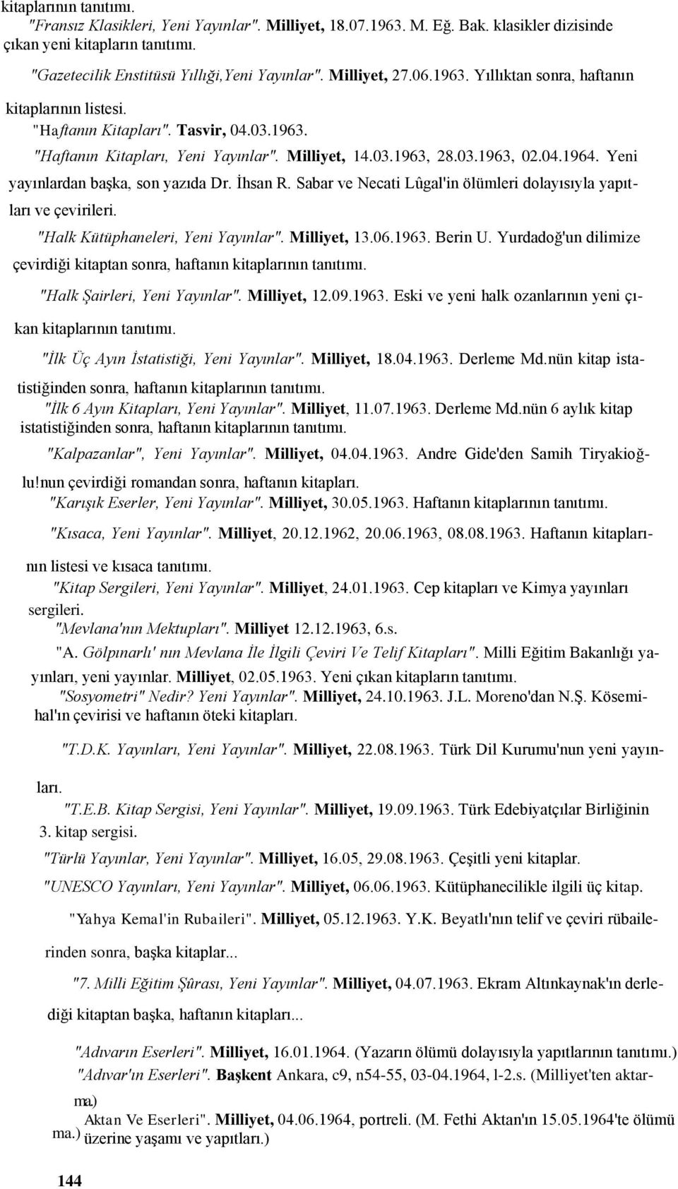 Yeni yayınlardan başka, son yazıda Dr. İhsan R. Sabar ve Necati Lûgal'in ölümleri dolayısıyla yapıtları ve çevirileri. "Halk Kütüphaneleri, Yeni Yayınlar". Milliyet, 13.06.1963. Berin U.