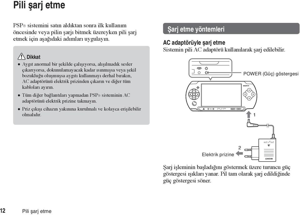 prizinden çıkarın ve diğer tüm kabloları ayırın. Tüm diğer bağlantıları yapmadan PSP sisteminin AC adaptörünü elektrik prizine takmayın.