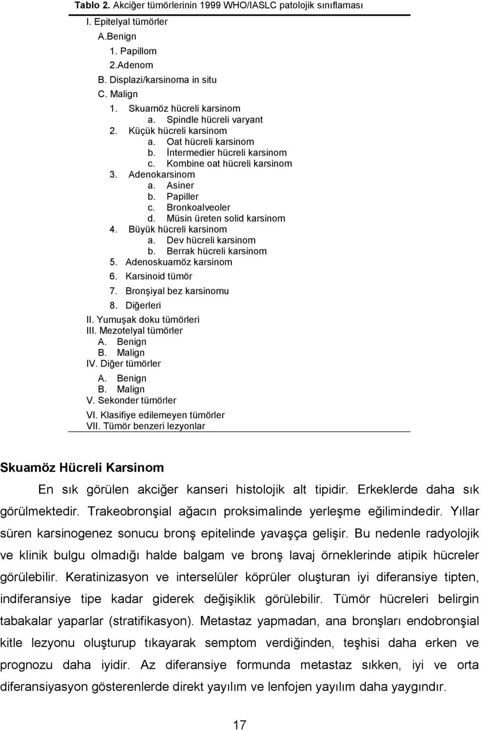 Müsin üreten solid karsinom 4. Büyük hücreli karsinom a. Dev hücreli karsinom b. Berrak hücreli karsinom 5. Adenoskuamöz karsinom 6. Karsinoid tümör 7. Bronşiyal bez karsinomu 8. Diğerleri II.