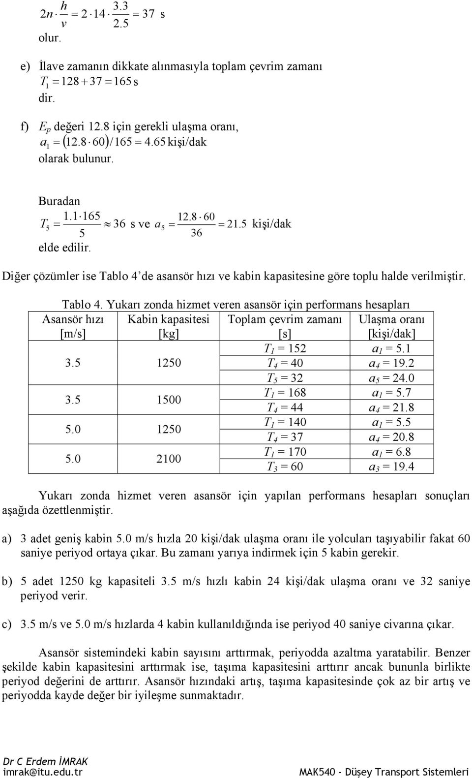 Tablo 4. Yukarı zonda hizmet veren asansör için performans hesapları Asansör hızı [m/s] Kabin kapasitesi [kg] Toplam çevrim zamanı [s] Ulaşma oranı [kişi/dak] T 1 = 152 a 1 = 5.1 3.