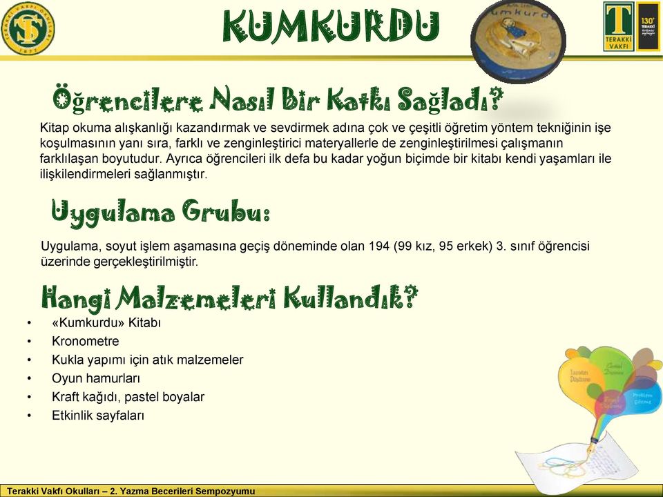 zenginleştirilmesi çalışmanın farklılaşan boyutudur. Ayrıca öğrencileri ilk defa bu kadar yoğun biçimde bir kitabı kendi yaşamları ile ilişkilendirmeleri sağlanmıştır.