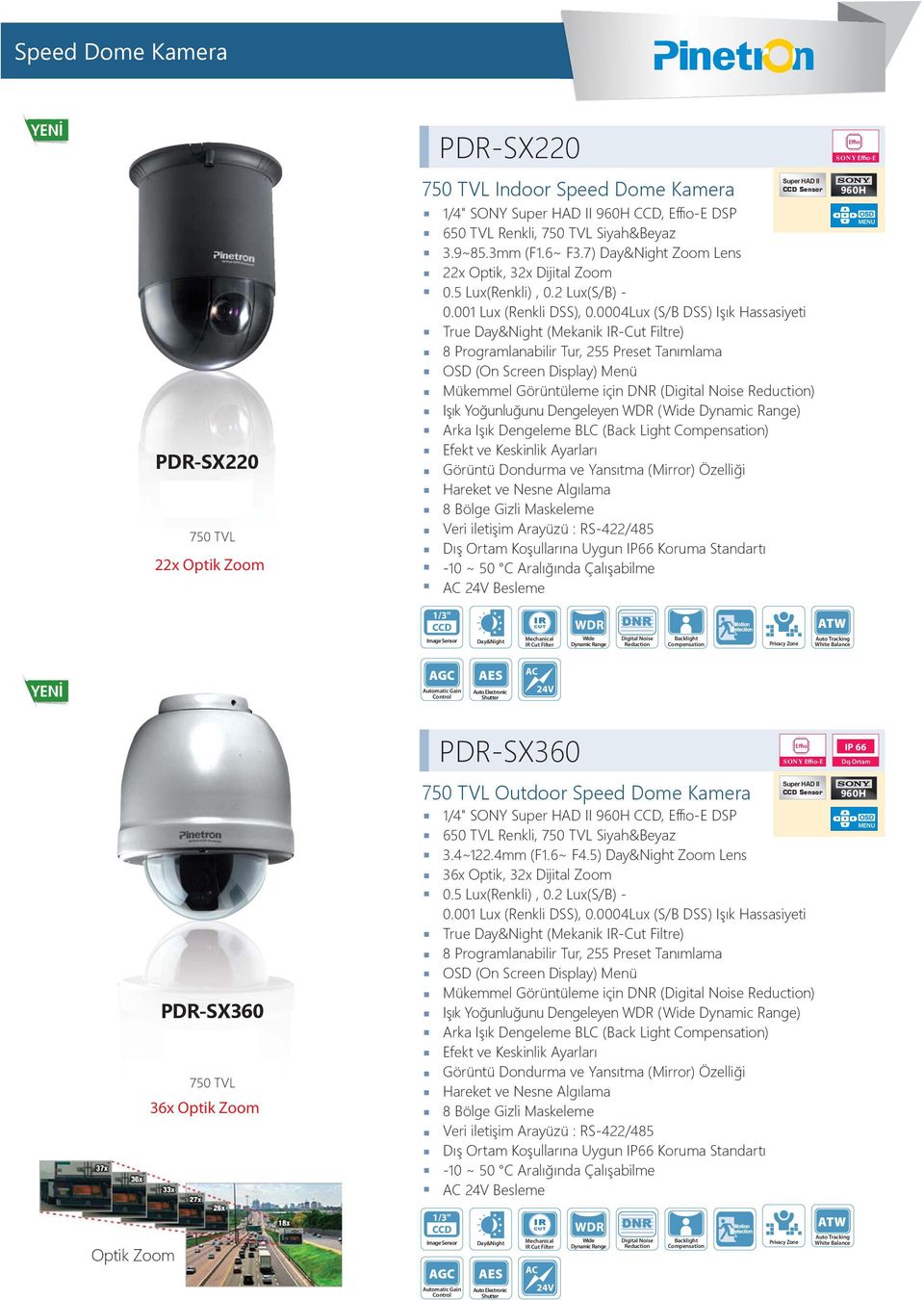 0004Lux (S/B DSS) Işık Hassasiyeti True (Mekanik IR-Cut Filtre) 8 Programlanabilir Tur, 255 Preset Tanımlama OSD (On Screen Display) Menü Mükemmel Görüntüleme için DNR ( ) Işık Yoğunluğunu Dengeleyen