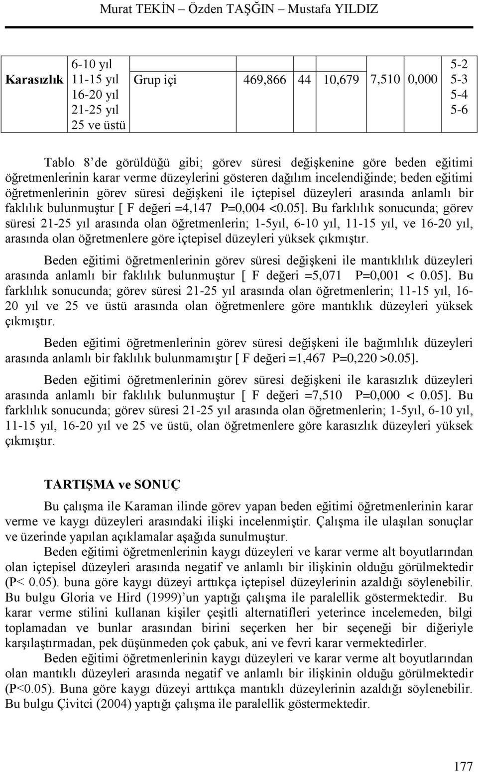 bir faklılık bulunmuştur [ F değeri =4,147 P=0,004 <0.05].