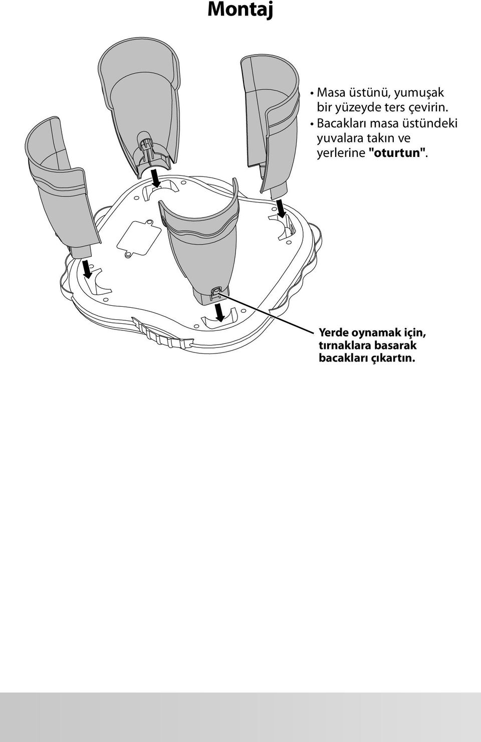 Bacakları masa üstündeki yuvalara takın ve