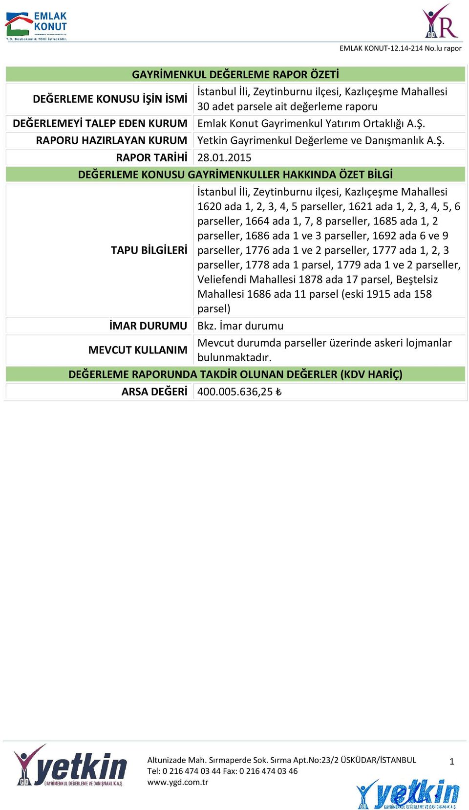 2015 DEĞERLEME KONUSU GAYRİMENKULLER HAKKINDA ÖZET BİLGİ İstanbul İli, Zeytinburnu ilçesi, Kazlıçeşme Mahallesi 1620 ada 1, 2, 3, 4, 5 parseller, 1621 ada 1, 2, 3, 4, 5, 6 parseller, 1664 ada 1, 7, 8