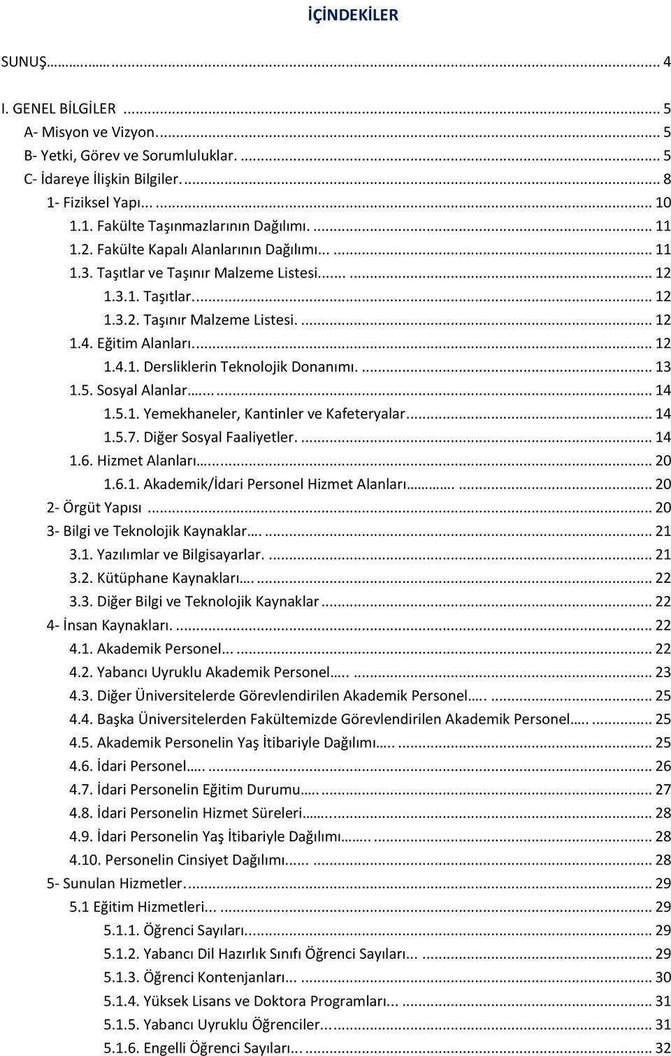 ... 13 1.5. Sosyal Alanlar...... 14 1.5.1. Yemekhaneler, Kantinler ve Kafeteryalar... 14 1.5.7. Diğer Sosyal Faaliyetler.... 14 1.6. Hizmet Alanları...... 20 1.6.1. Akademik/İdari Personel Hizmet Alanları.