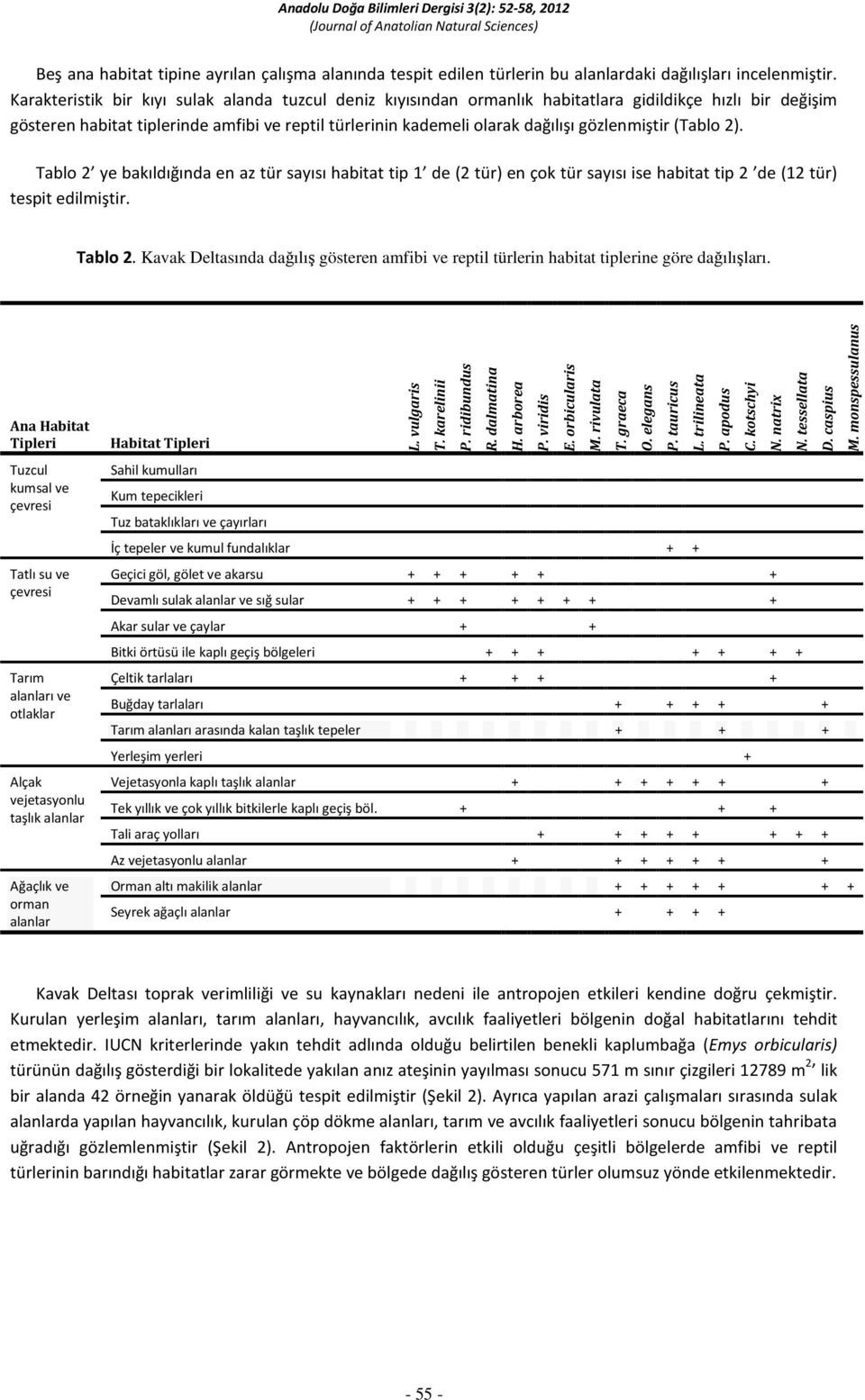 gözlenmiştir (Tablo 2). Tablo 2 ye bakıldığında en az tür sayısı habitat tip 1 de (2 tür) en çok tür sayısı ise habitat tip 2 de (12 tür) tespit edilmiştir. Tablo 2. Kavak Deltasında dağılış gösteren amfibi ve reptil türlerin habitat tiplerine göre dağılışları.