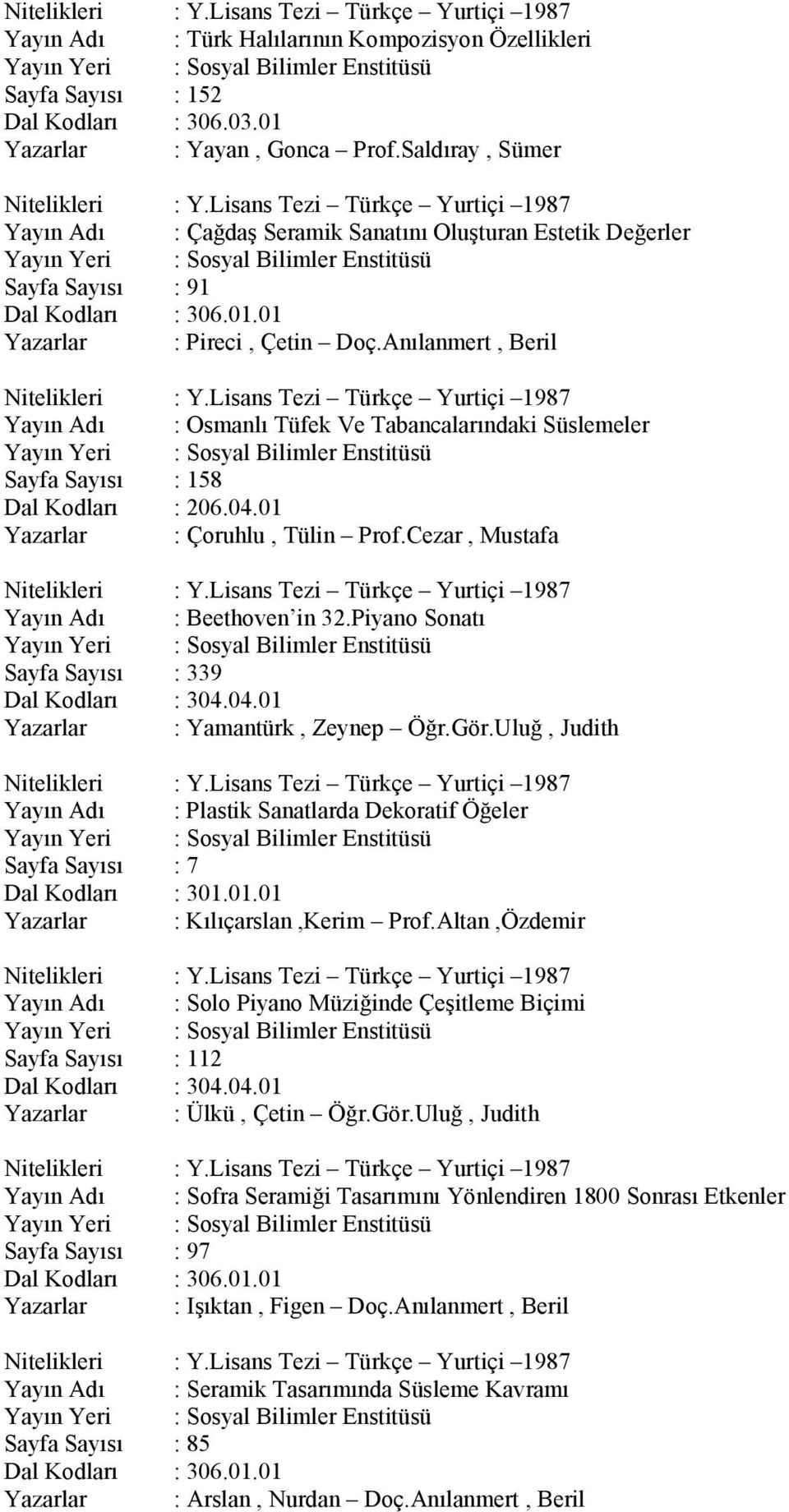 Anılanmert, Beril Nitelikleri : Y.Lisans Tezi Türkçe Yurtiçi 1987 Yayın Adı : Osmanlı Tüfek Ve Tabancalarındaki Süslemeler Sayfa Sayısı : 158 Yazarlar : Çoruhlu, Tülin Prof.