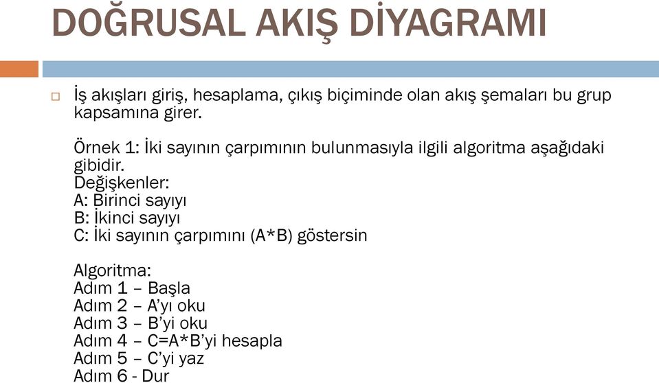 Değişkenler: A: Birinci sayıyı B: İkinci sayıyı C: İki sayının çarpımını (A*B) göstersin