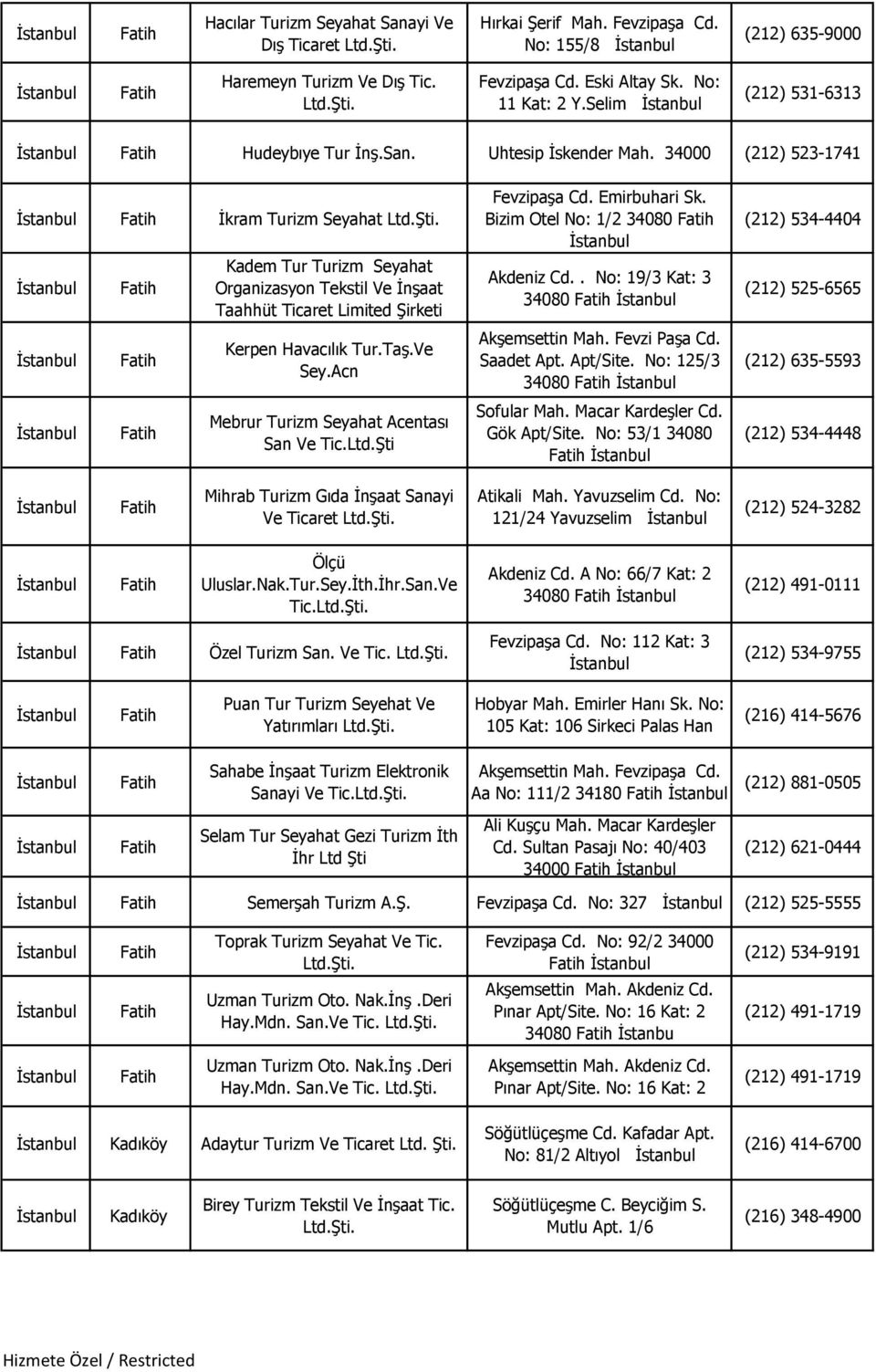 34000 (212) 523-1741 İkram Turizm Seyahat Kadem Tur Turizm Seyahat Organizasyon Tekstil Ve İnşaat Taahhüt Ticaret Kerpen Havacılık Tur.Taş.Ve Sey.Acn Mebrur Turizm Seyahat Acentası San Ve Tic.Ltd.