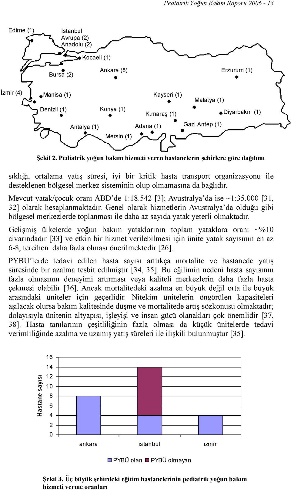 Pediatrik yoğun bakım hizmeti veren hastanelerin şehirlere göre dağılımı sıklığı, ortalama yatış süresi, iyi bir kritik hasta transport organizasyonu ile desteklenen bölgesel merkez sisteminin olup