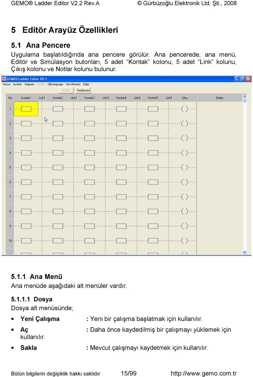 kolunu bulunur. 5.1.1 Ana Menü Ana menüde aşağıdaki alt menüler vardır. 5.1.1.1 Dosya Dosya alt menüsünde; Yeni Çalışma : Yeni bir çalışma başlatmak için kullanılır.