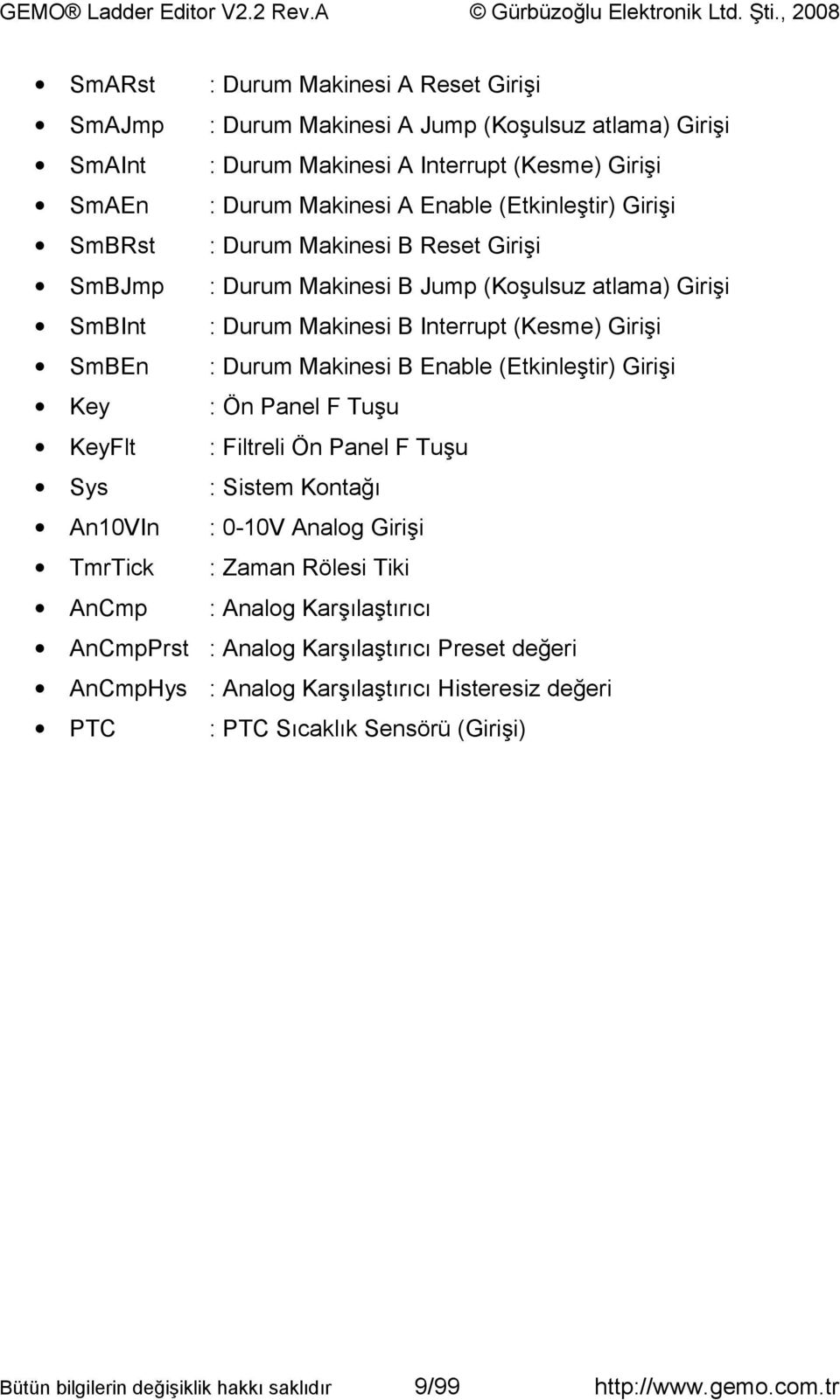 SmBEn : Durum Makinesi B Enable (Etkinleştir) Girişi Key : Ön Panel F Tuşu KeyFlt : Filtreli Ön Panel F Tuşu Sys : Sistem Kontağı An10VIn : 0-10V Analog Girişi TmrTick : Zaman