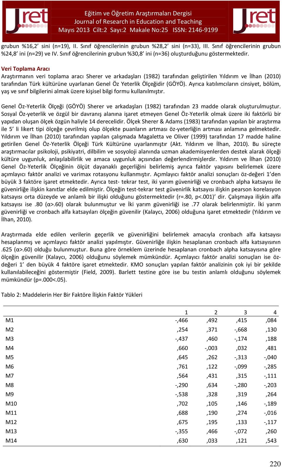 Veri Toplama Aracı Araştırmanın veri toplama aracı Sherer ve arkadaşları (1982) tarafından geliştirilen Yıldırım ve İlhan (2010) tarafından Türk kültürüne uyarlanan Genel Öz Yeterlik Ölçeğidir (GÖYÖ).