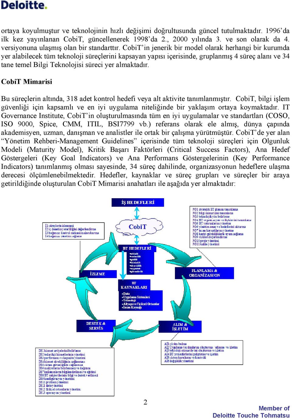 CobiT in jenerik bir model olarak herhangi bir kurumda yer alabilecek tüm teknoloji süreçlerini kapsayan yapısı içerisinde, gruplanmış 4 süreç alanı ve 34 tane temel Bilgi Teknolojisi süreci yer