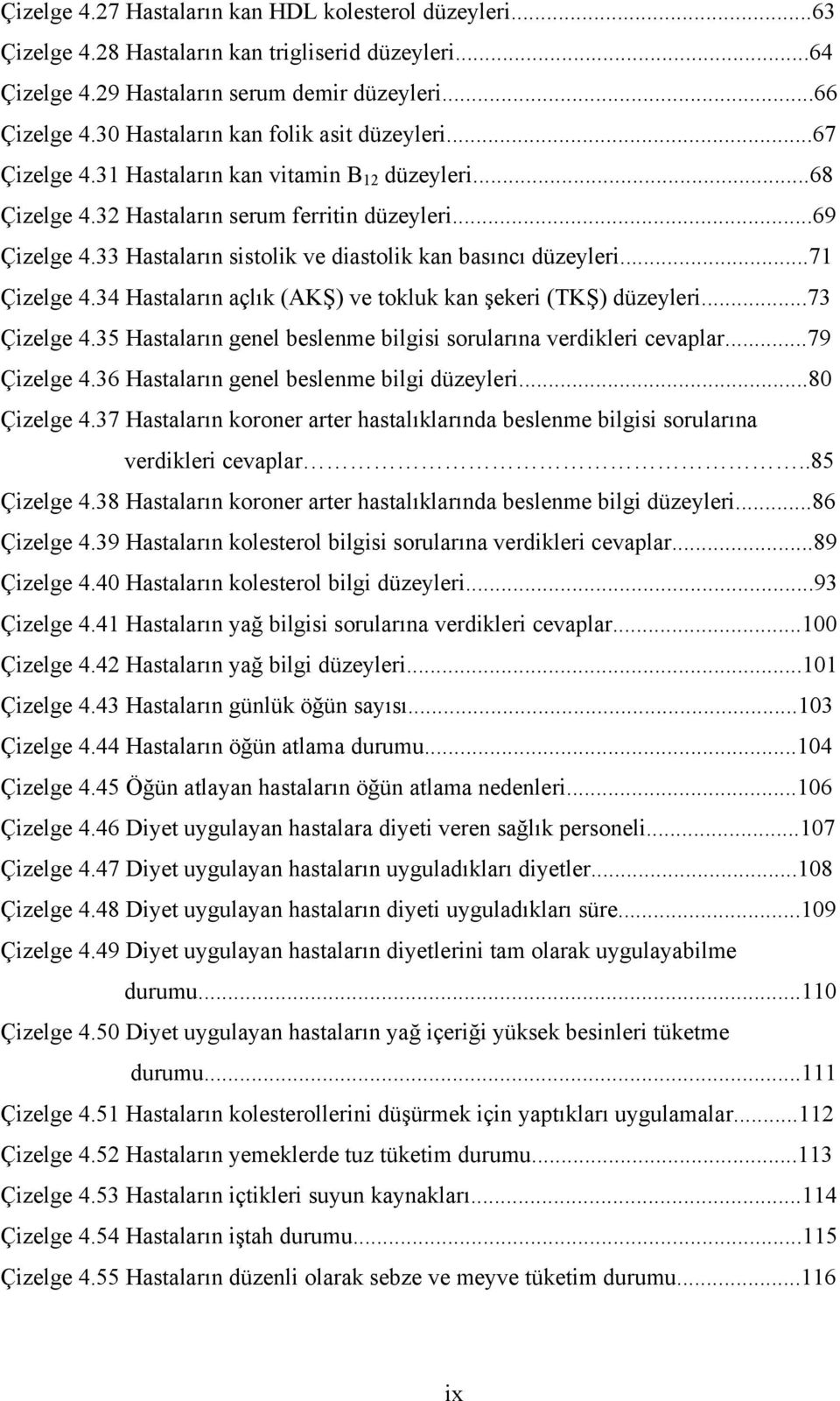 33 Hastaların sistolik ve diastolik kan basıncı düzeyleri...7 Çizelge 4.34 Hastaların açlık (AKŞ) ve tokluk kan şekeri (TKŞ) düzeyleri...73 Çizelge 4.