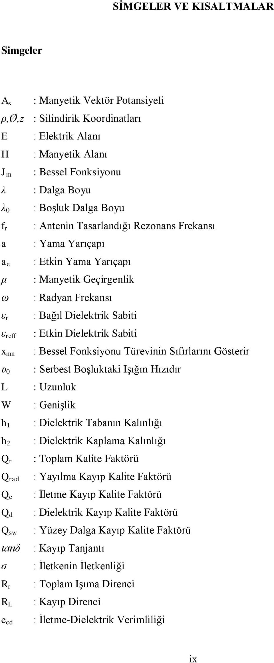 Radyan Frekansı : Bağıl Dielektrik Sabiti : Etkin Dielektrik Sabiti : Bessel Fonksiyonu Türevinin Sıfırlarını Gösterir : Serbest Boşluktaki Işığın Hızıdır : Uzunluk : Genişlik : Dielektrik Tabanın