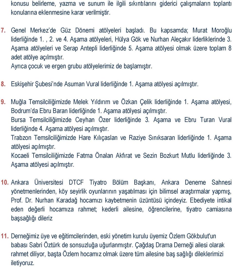 Aşama atölyesi olmak üzere toplam 8 adet atölye açılmıştır. Ayrıca çocuk ve ergen grubu atölyelerimiz de başlamıştır. 8. Eskişehir Şubesi nde Asuman Vural liderliğinde 1. Aşama atölyesi açılmıştır. 9.