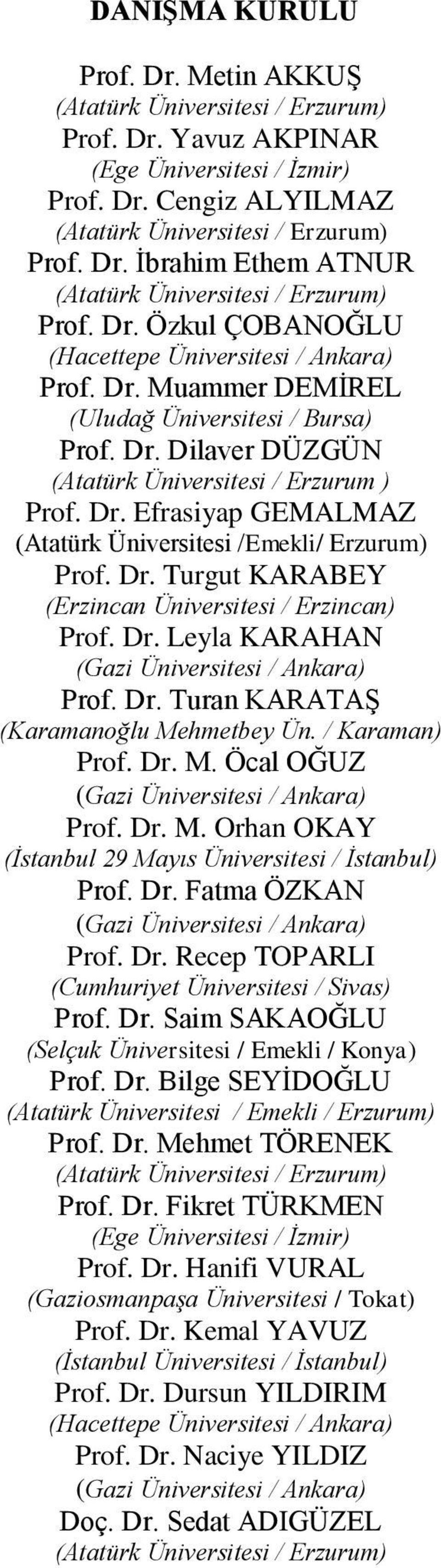 Dr. Leyla KARAHAN Prof. Dr. Turan KARATAŞ (Karamanoğlu Mehmetbey Ün. / Karaman) Prof. Dr. M. Öcal OĞUZ Prof. Dr. M. Orhan OKAY (İstanbul 29 Mayıs Üniversitesi / İstanbul) Prof. Dr. Fatma ÖZKAN Prof.