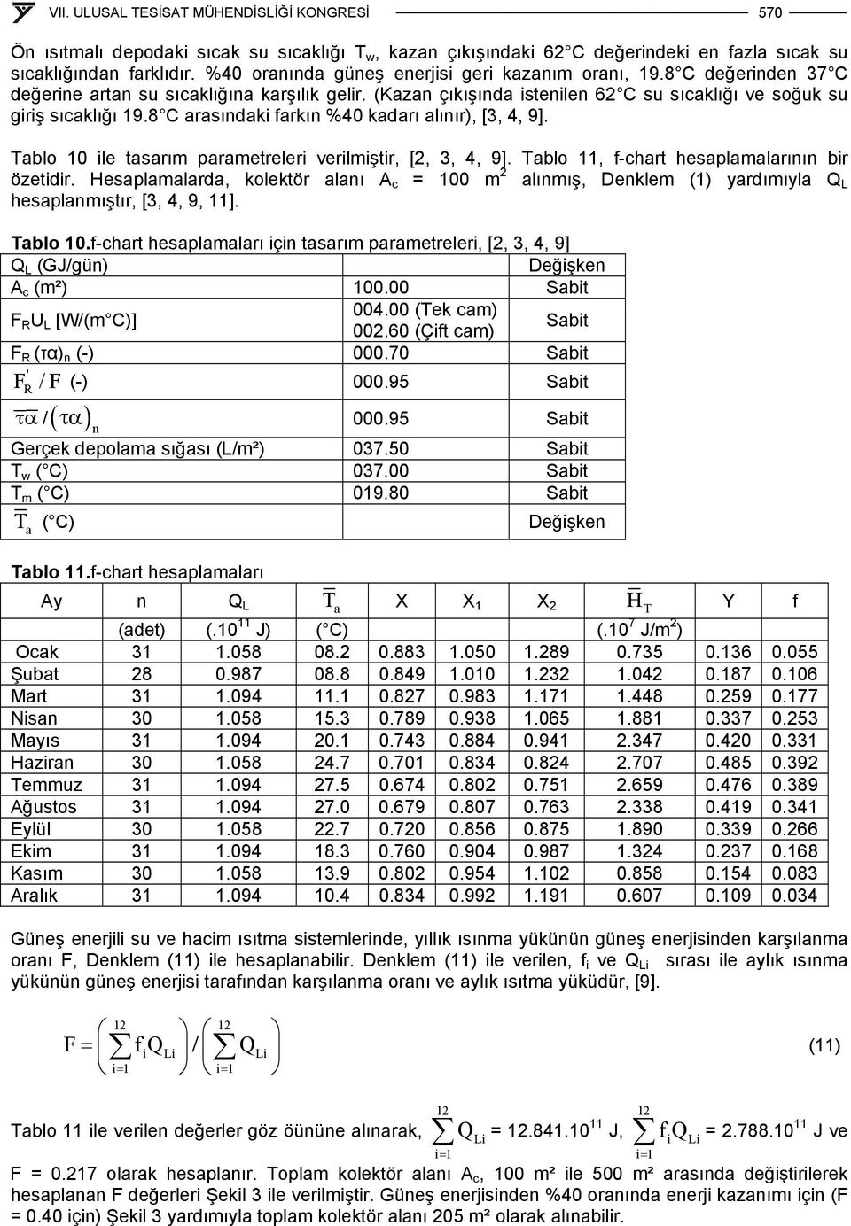 Tablo 10 ile tasarım parametreleri verilmiştir, [2, 3, 4, 9]. Tablo 11, f-chart hesaplamalarının bir özetidir.